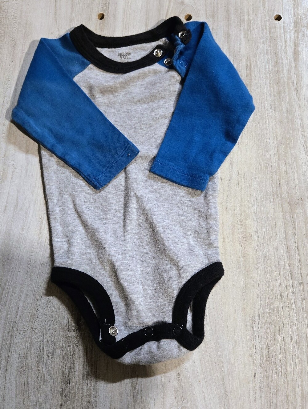 5/$25 Classic Raglan Baby One-Piece in Blue and Gray